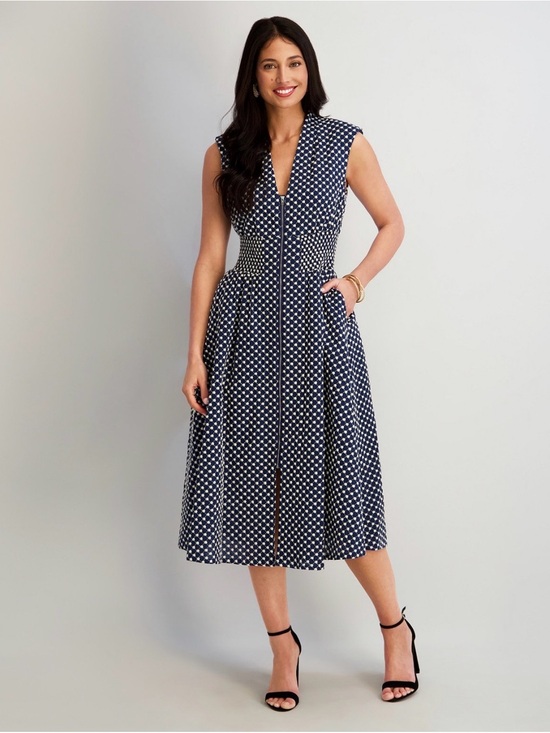 Kensie Dresses & Skirts - Kensie Embroidered Navy & Ivory Dot Cotton Zip-Front Midi Dress, Size 14, NWOT